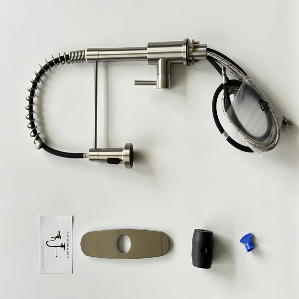 带下拉式喷雾器的厨房水龙头，适用于农舍露营者洗衣设施的1孔或3孔水龙头，Rv湿吧水槽，不锈钢，拉丝镍【周末不发货，TK/TEMU订单仅支持自提】-4