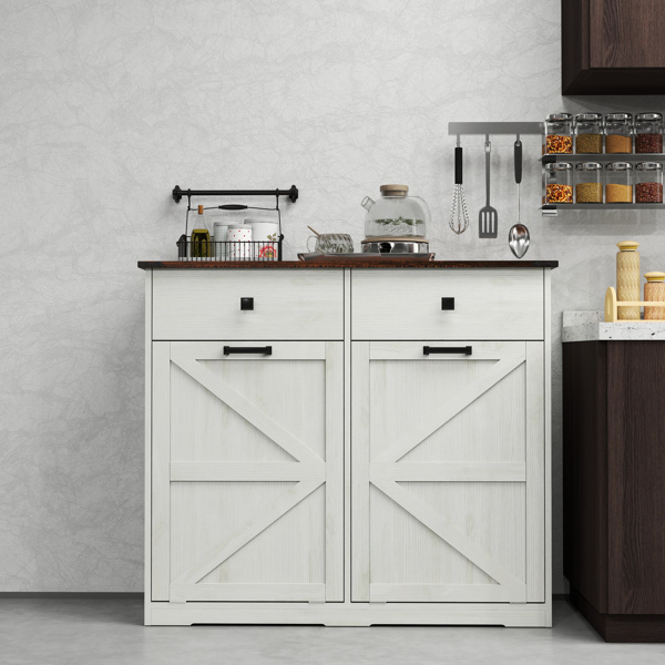 农舍双倾斜式垃圾柜，适用于 20 加仑垃圾桶，独立式回收柜，带隐藏式抽屉，谷仓门式洗衣分类柜，厨房倾斜式垃圾柜（升级款，底部和台面做了升级，图片需要更换）-2