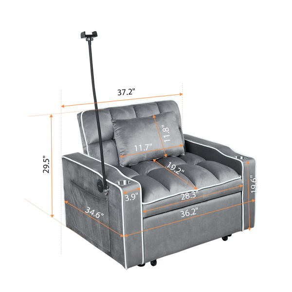 灯芯绒拉出式沙发床带靠枕，拉丝不锈钢杯架、手机支架及USB充电端口-7