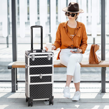 2合一带LED三色变化灯 USB双插口双线 滑轨前抽 平面左抽可拆卸万向轮 铝制 钻石纹 黑色 化妆箱 34*24*72.5cm