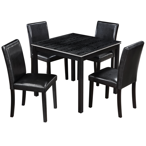 5 Piece Wooden Dining Table Set, Kitchen Table Set with a Square Table and 4 Upholstered Chairs, Wooden Dining Room Table with Crystal Decoration and Chairs Set for Kitchen, Dining Room, Black-6
