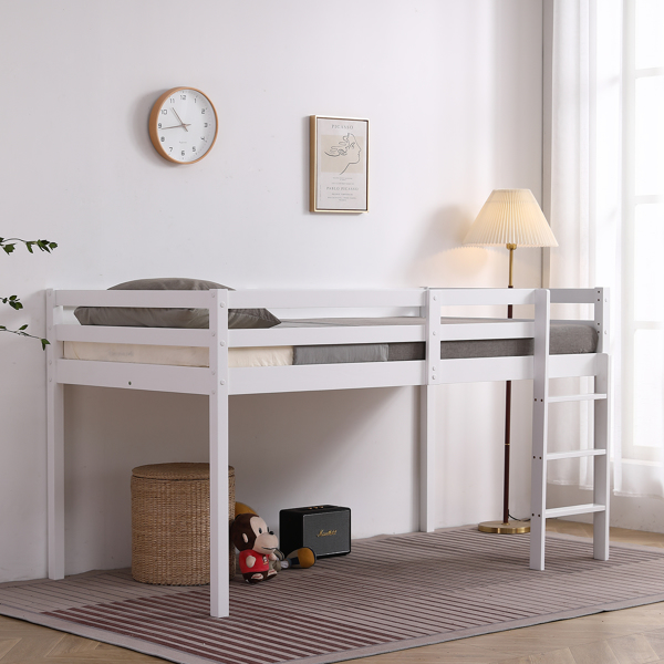 白色 油漆面 松木+胶合板 横撑护栏 Twin 儿童木床 带直梯 半高床 美国-22