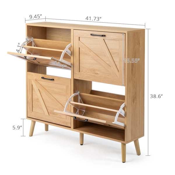 谷仓门4翻斗 金属黑色一字把手+三胺刨花板 浮雕面+原木色实木塑封锥形腿 鞋柜 106*24*98cm 原木色-6