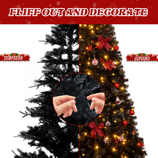 7.5ft  黑色  带红色系配饰 树裙 圣诞树 DIY 350LED暖白8模式 带遥控 1200枝头 自动树 PVC 圣诞树 30V 6W 美规-7