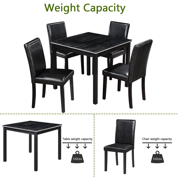 5 Piece Wooden Dining Table Set, Kitchen Table Set with a Square Table and 4 Upholstered Chairs, Wooden Dining Room Table with Crystal Decoration and Chairs Set for Kitchen, Dining Room, Black-4