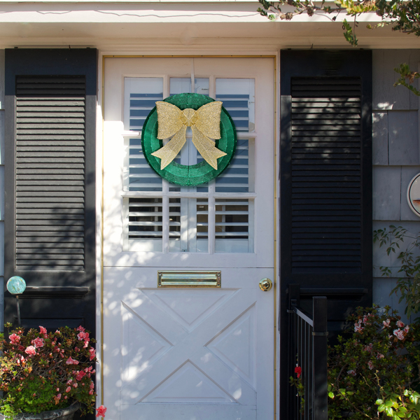 24IN 绿加金色 花环带蝴蝶结 200L皮线灯 绿灯加暖白灯 蒙布 圣诞灯饰花环 4.5V 3.6W-10