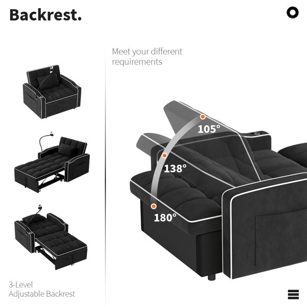 灯芯绒拉出式沙发床带靠枕，拉丝不锈钢杯架、手机支架及USB充电端口-5