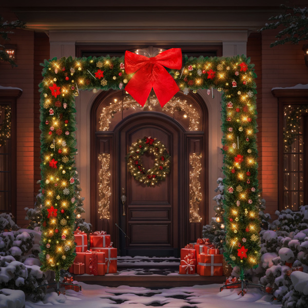 240*40*240cm   绿色PVC 平顶拱门  绑树做法 1650枝头 DIY 带350LED暖白灯串 带配饰 圣诞PVC拱门 30V 6W 美规-7