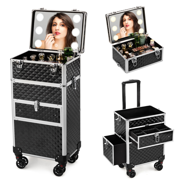 2合一带LED三色变化灯 USB双插口双线 滑轨前抽 平面左抽可拆卸万向轮 铝制 钻石纹 黑色 化妆箱 34*24*72.5cm-19