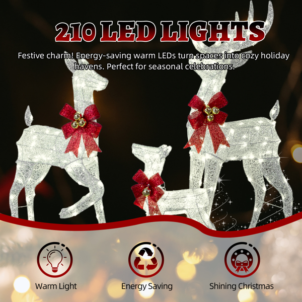 3pcs 4FT  银色 家庭麋鹿 210LED暖白灯 闪粉网纹布 圣诞灯饰麋鹿 31V 3.6W 英规-2