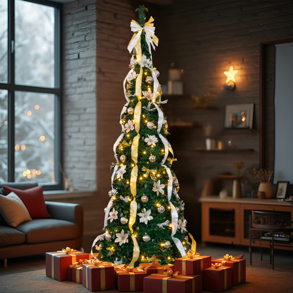 7ft  绿色  伸缩圣诞树  带金银色配饰 200LED暖白8模式 带遥控 PVC 圣诞树 30V 3.6W 美规-12