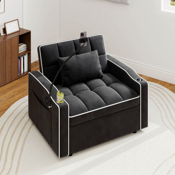 灯芯绒拉出式沙发床带靠枕，拉丝不锈钢杯架、手机支架及USB充电端口-12