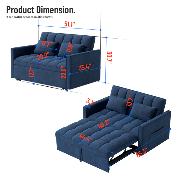 灯芯绒双人沙发床，带拉出式床铺、2个靠枕及侧边储物袋-4