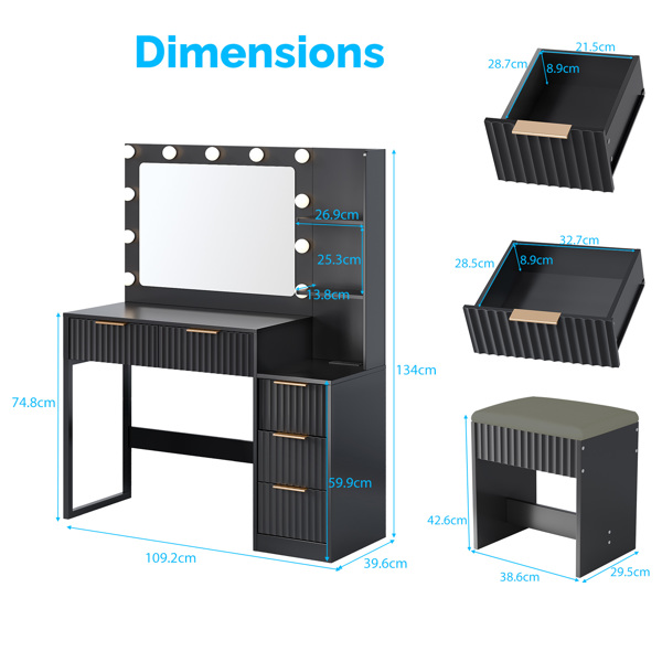 黑色 刨花板 贴麻面三胺 5抽2层架 梳妆桌套装 带11粒三色调光灯泡 排插 格栅系列-6