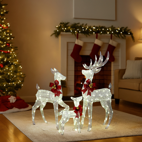 3pcs 4FT  银色 家庭麋鹿 210LED暖白灯 闪粉网纹布 圣诞灯饰麋鹿 31V 3.6W 英规-10