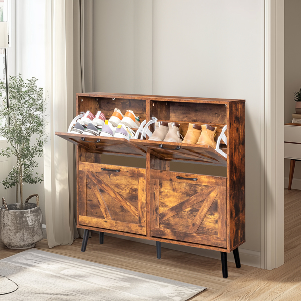 谷仓门4翻斗 金属黑色一字把手+三胺刨花板+黑色实木塑封锥形腿 鞋柜 106*24*98cm 腐木色-2