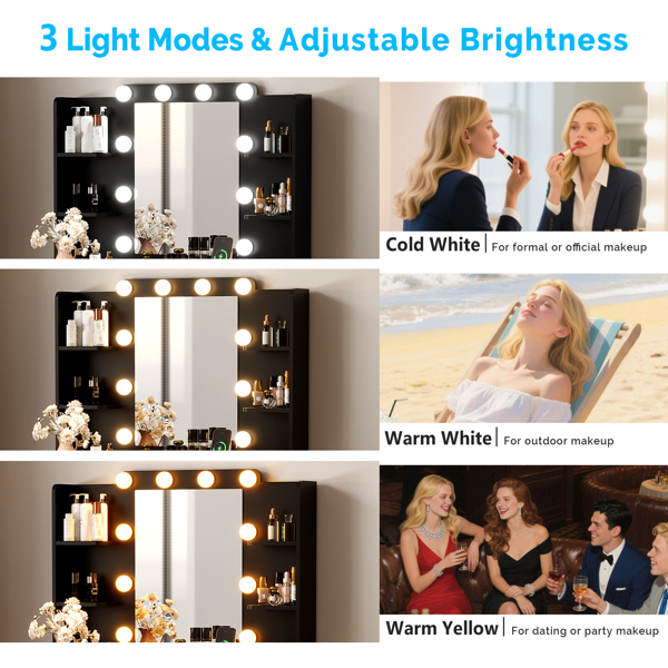 黑色 刨花板 贴麻面三胺 2抽4层架 梳妆桌套装 带10粒三色调光灯泡 排插 格栅系列-4