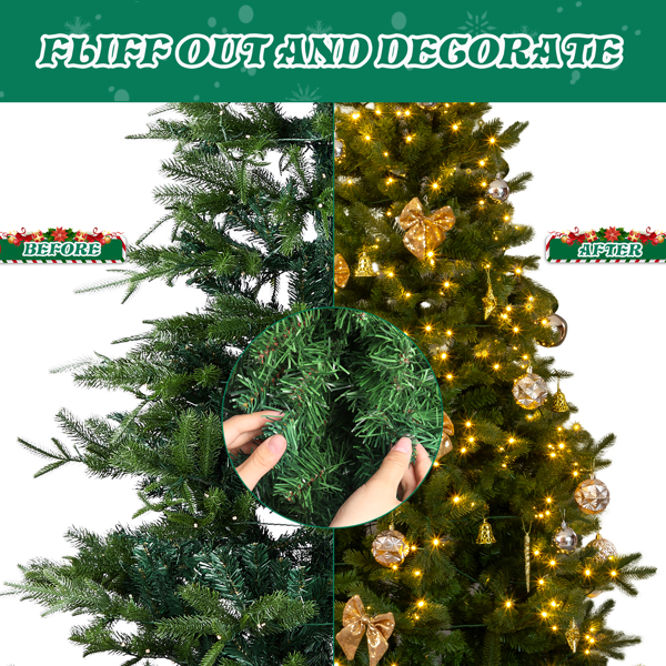 7.5ft  绿色  带金色系配饰 树裙 圣诞树 DIY 400LED暖白八模式 带遥控 950枝头 自动树 PE+PVC 圣诞树 30V 6W 美规-9