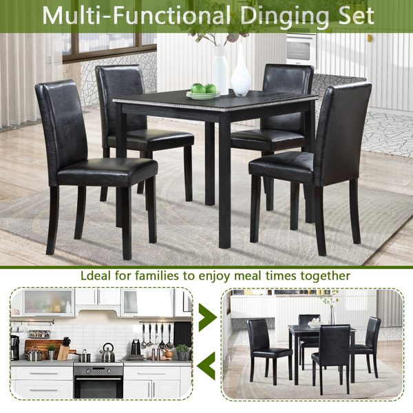 5 Piece Wooden Dining Table Set, Kitchen Table Set with a Square Table and 4 Upholstered Chairs, Wooden Dining Room Table with Crystal Decoration and Chairs Set for Kitchen, Dining Room, Black-8
