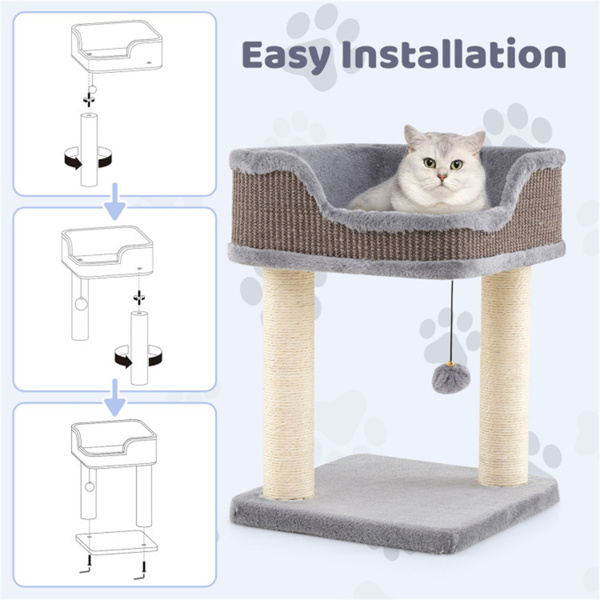 2-Level Cat Furniture - Engaging Bell + Pompom Toys, Sisal + Plush + Engineered Wood Build, Ideal for Tight Spaces-5