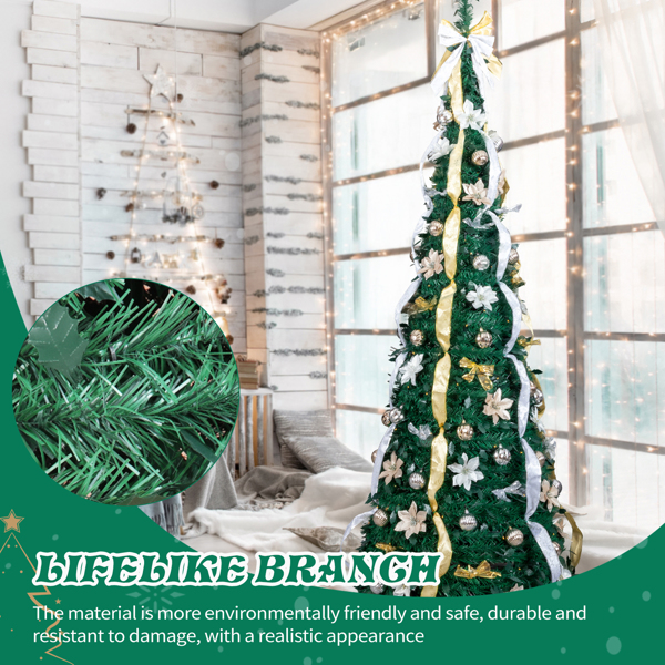 7ft  绿色  伸缩圣诞树  带金银色配饰 200LED暖白8模式 带遥控 PVC 圣诞树 30V 3.6W 美规-15