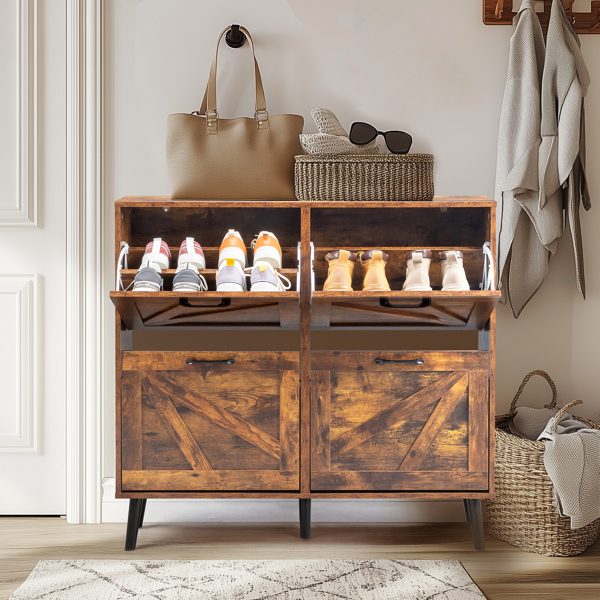 谷仓门4翻斗 金属黑色一字把手+三胺刨花板+黑色实木塑封锥形腿 鞋柜 106*24*98cm 腐木色-1