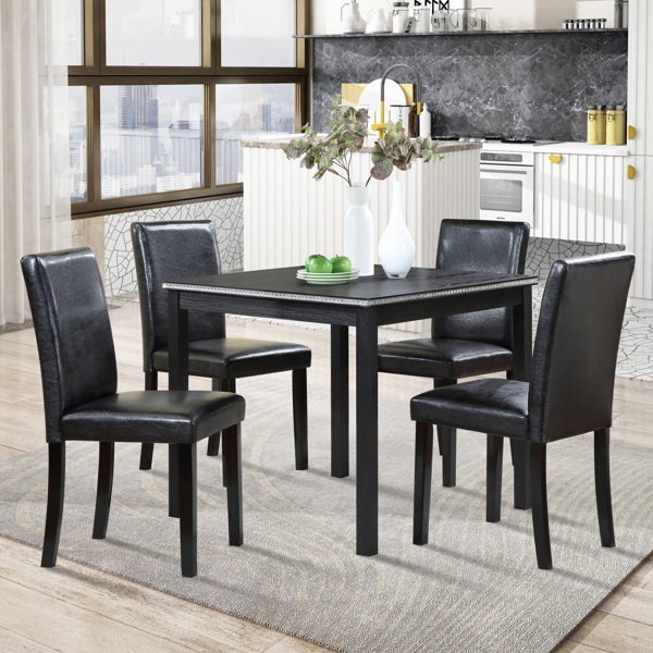 5 Piece Wooden Dining Table Set, Kitchen Table Set with a Square Table and 4 Upholstered Chairs, Wooden Dining Room Table with Crystal Decoration and Chairs Set for Kitchen, Dining Room, Black-5