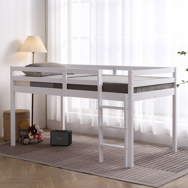 白色 油漆面 松木+胶合板 横撑护栏 Twin 儿童木床 带直梯 半高床 美国-24