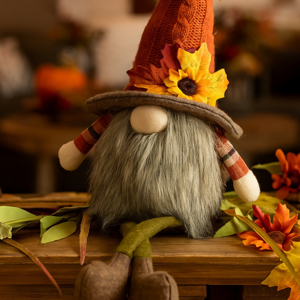 2件套圣诞节侏儒装饰5.5x3.5x20.5“织物坐式侏儒，带橙色帽子和枫叶，非常适合秋季收获和感恩节装饰FBA发货-5