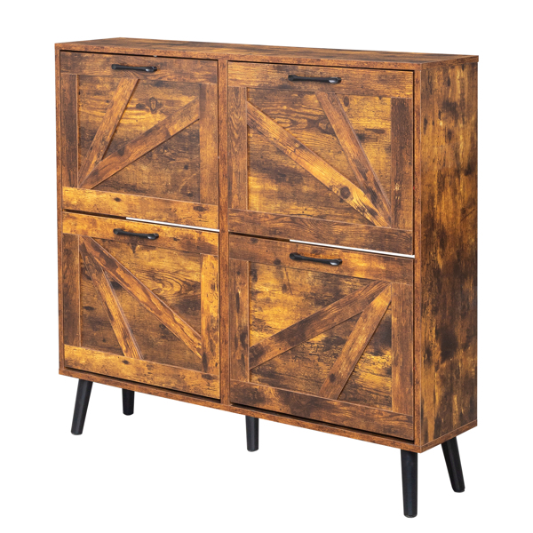 谷仓门4翻斗 金属黑色一字把手+三胺刨花板+黑色实木塑封锥形腿 鞋柜 106*24*98cm 腐木色-10