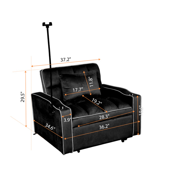 灯芯绒拉出式沙发床带靠枕，拉丝不锈钢杯架、手机支架及USB充电端口-7