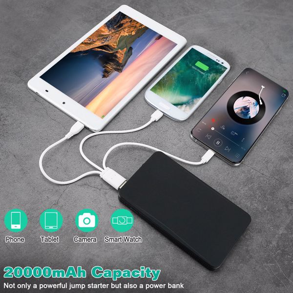 （物流随机发，自提可发加拿大）-20000mAh汽车启动电源 - 400A峰值电流适用于2.0L以下汽油发动机，便携式移动电源配备USB 5V/2A接口，三档应急手电（常亮/频闪/SOS求救模式），轻巧设计，理想赠礼之选-2