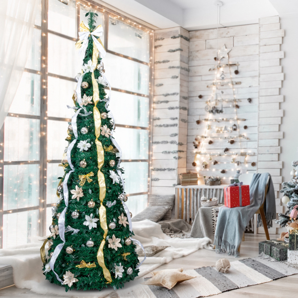 7ft  绿色  伸缩圣诞树  带金银色配饰 200LED暖白8模式 带遥控 PVC 圣诞树 30V 3.6W 美规-5