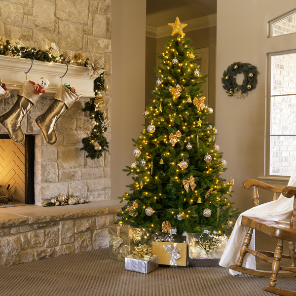 7.5ft  绿色  带金色系配饰 树裙 圣诞树 DIY 400LED暖白八模式 带遥控 950枝头 自动树 PE+PVC 圣诞树 30V 6W 美规-3