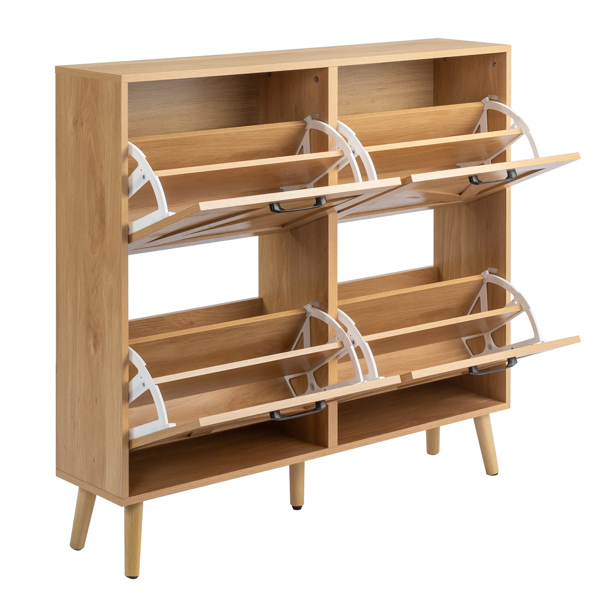 谷仓门4翻斗 金属黑色一字把手+三胺刨花板 浮雕面+原木色实木塑封锥形腿 鞋柜 106*24*98cm 原木色-4