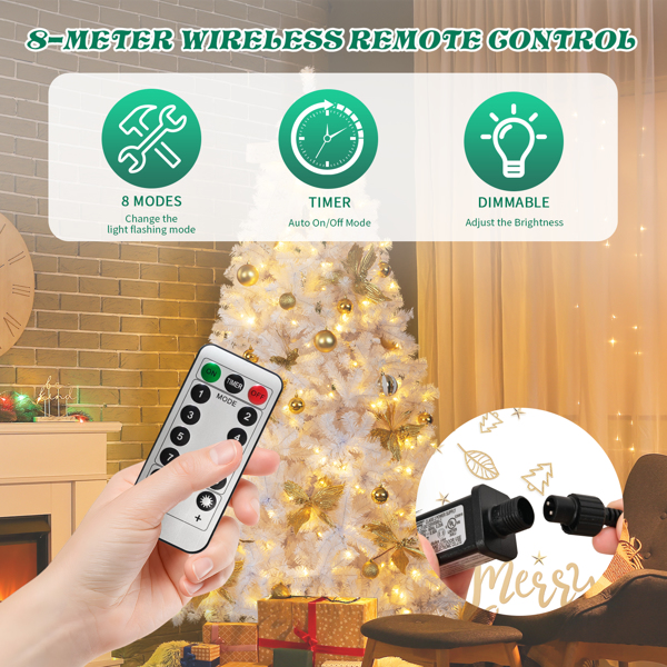 7.5ft  白色  带蝴蝶结金色花配饰 树裙 圣诞树 DIY 400LED暖白8模式 带遥控 1600枝头 自动树 落地款 PVC 圣诞树 30V 6W 美规-12