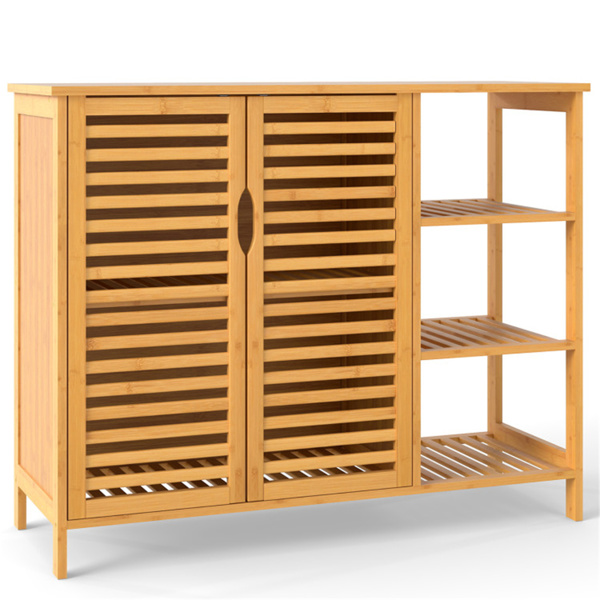 39.5“x14”x31.5“竹质浴室柜（天然）-封闭式橱柜+开放式架子，可存放大量洗漱用品/毛巾-2