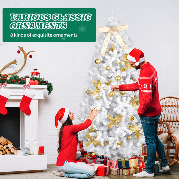 7.5ft  白色  带蝴蝶结金色花配饰 树裙 圣诞树 DIY 400LED暖白8模式 带遥控 1600枝头 自动树 落地款 PVC 圣诞树 30V 6W 美规-10