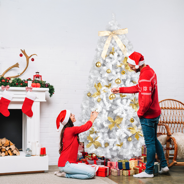 7.5ft  白色  带蝴蝶结金色花配饰 树裙 圣诞树 DIY 400LED暖白8模式 带遥控 1600枝头 自动树 落地款 PVC 圣诞树 30V 6W 美规-2