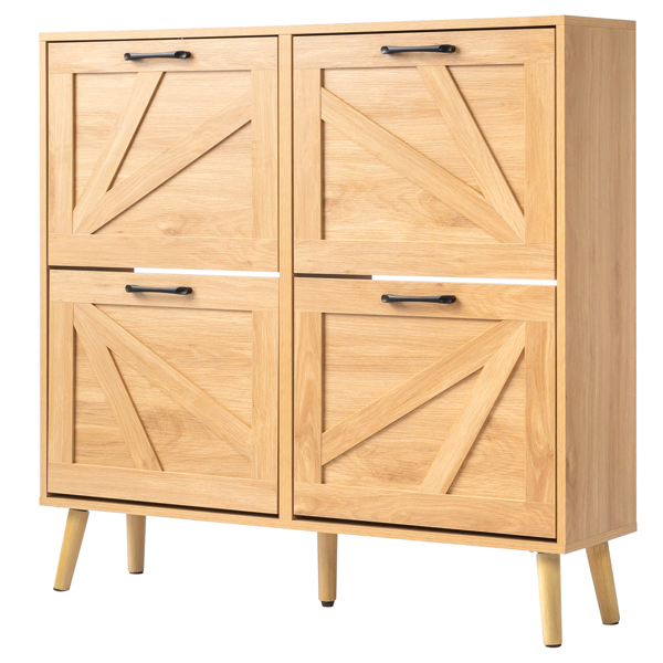 谷仓门4翻斗 金属黑色一字把手+三胺刨花板 浮雕面+原木色实木塑封锥形腿 鞋柜 106*24*98cm 原木色-10