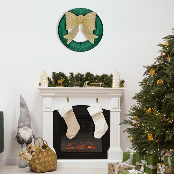 24IN 绿加金色 花环带蝴蝶结 200L皮线灯 绿灯加暖白灯 蒙布 圣诞灯饰花环 4.5V 3.6W-8