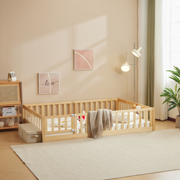 原木色 油漆面 松木 围栏床 带门 带铺板 Full 儿童木床-5