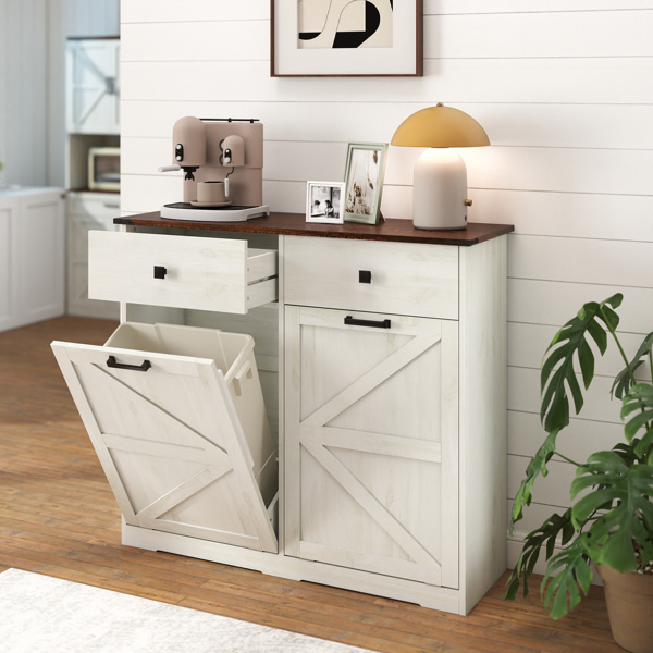 农舍双倾斜式垃圾柜，适用于 20 加仑垃圾桶，独立式回收柜，带隐藏式抽屉，谷仓门式洗衣分类柜，厨房倾斜式垃圾柜（升级款，底部和台面做了升级，图片需要更换）-1