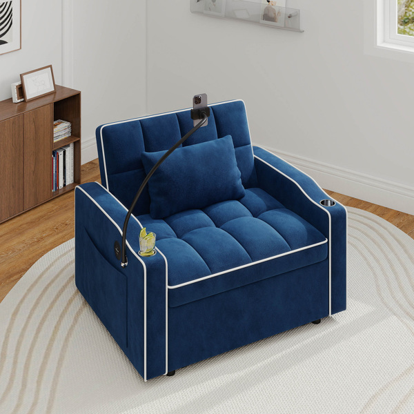 灯芯绒拉出式沙发床带靠枕，拉丝不锈钢杯架、手机支架及USB充电端口-9