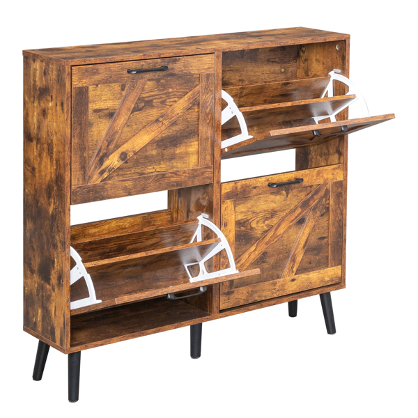 谷仓门4翻斗 金属黑色一字把手+三胺刨花板+黑色实木塑封锥形腿 鞋柜 106*24*98cm 腐木色-5