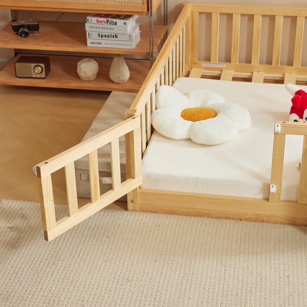 原木色 油漆面 松木 围栏床 带门 带铺板 Full 儿童木床-17