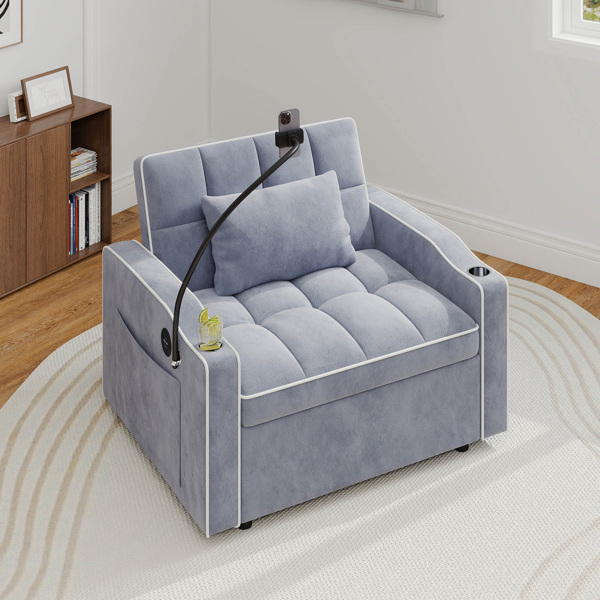 灯芯绒拉出式沙发床带靠枕，拉丝不锈钢杯架、手机支架及USB充电端口-9