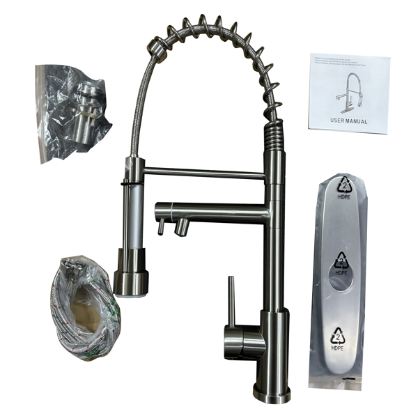 带下拉式喷雾器的厨房水龙头，单把手2功能不锈钢弹簧颈，单孔安装，适用于住宅、商业、房车、酒吧等，刷镍【周末不发货，TK/TEMU订单仅支持自提】-6