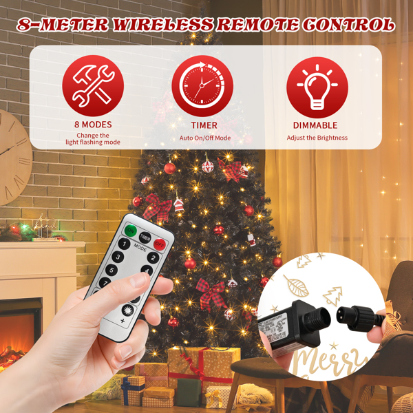 7.5ft  黑色  带红色系配饰 树裙 圣诞树 DIY 350LED暖白8模式 带遥控 1200枝头 自动树 PVC 圣诞树 30V 6W 美规-12