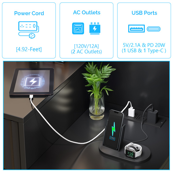 黑色 刨花板 贴麻面三胺 5抽2层架 梳妆桌套装 带11粒三色调光灯泡 排插 格栅系列-7